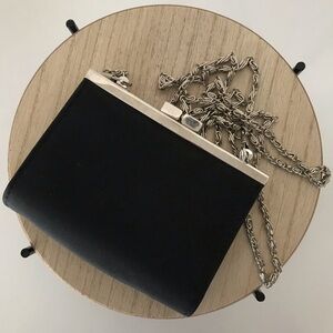 Mini Black Evening Clutch with Silver Crossbody Chain